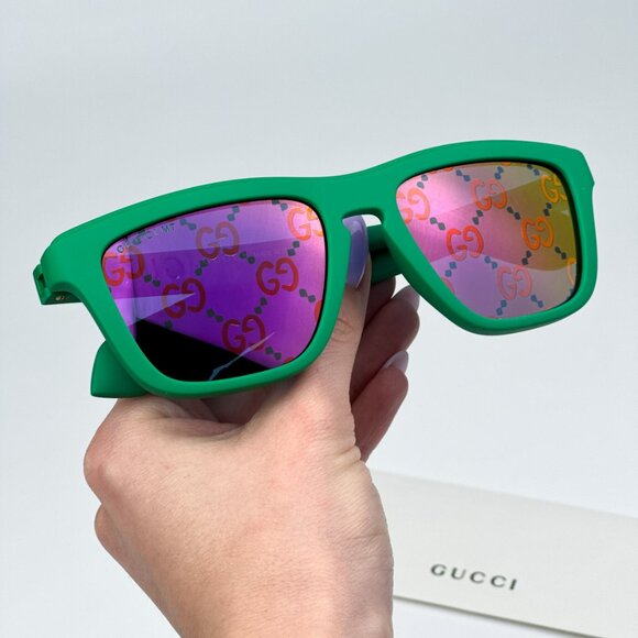 Gucci GG1571S 004 BRAND NEW Sunglasses Green Blue Mirrored Logo Unisex Square - Picture 3 of 13